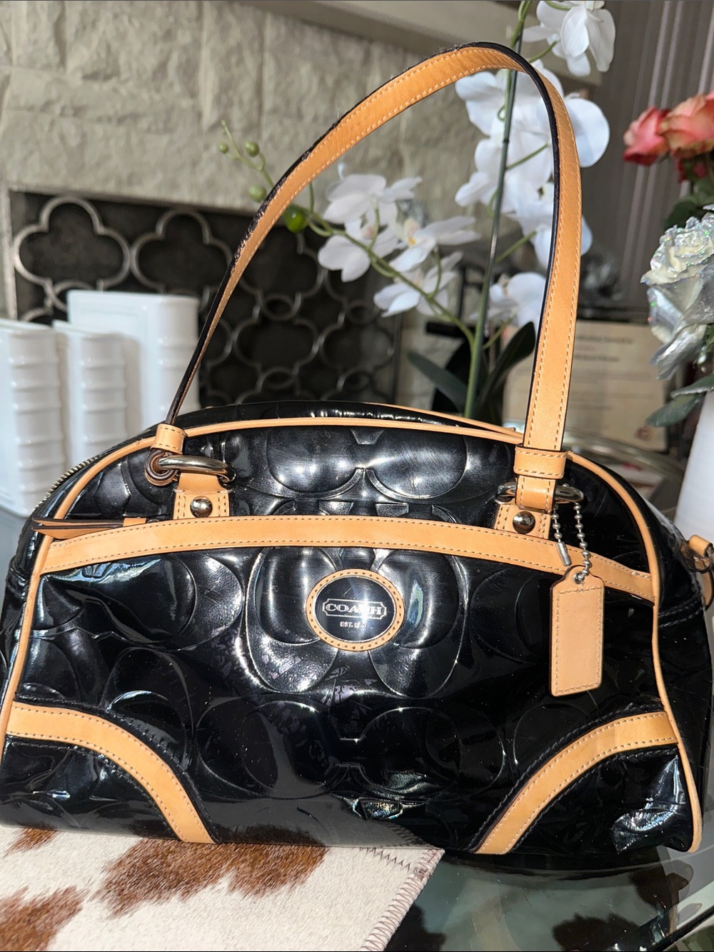 Coach Peyton Embossed
 Black Patent Shoulder Bag with Tan Trim